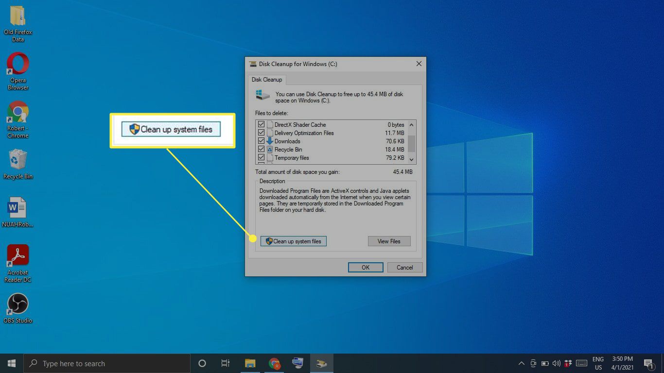 Ve Vyčištění disku systému Windows je zvýrazněno „Vyčištění systémových souborů“