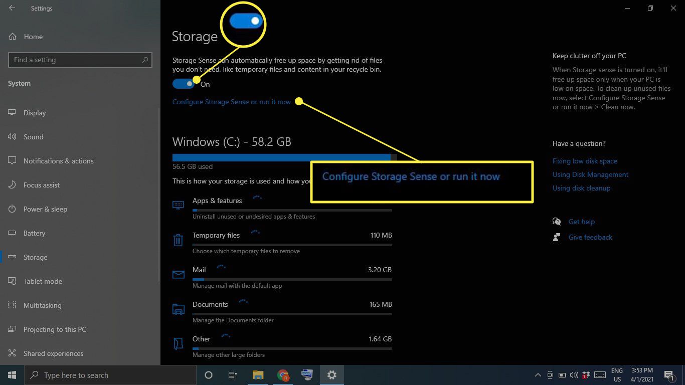 Přepínač Windows 10 Storage Sense a zvýrazněna položka „Konfigurovat úložiště“