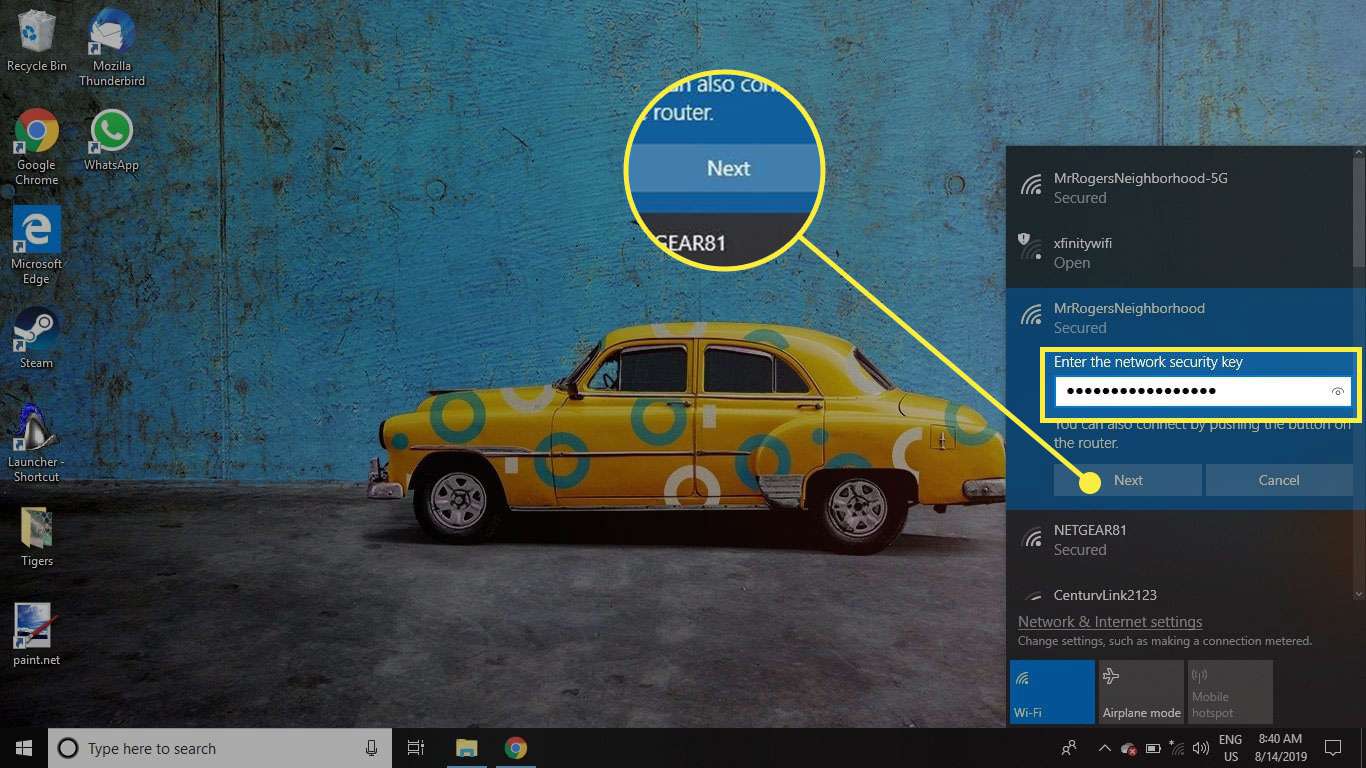Screenshot okna pověření ve Windows 10 se zvýrazněným tlačítkem Další