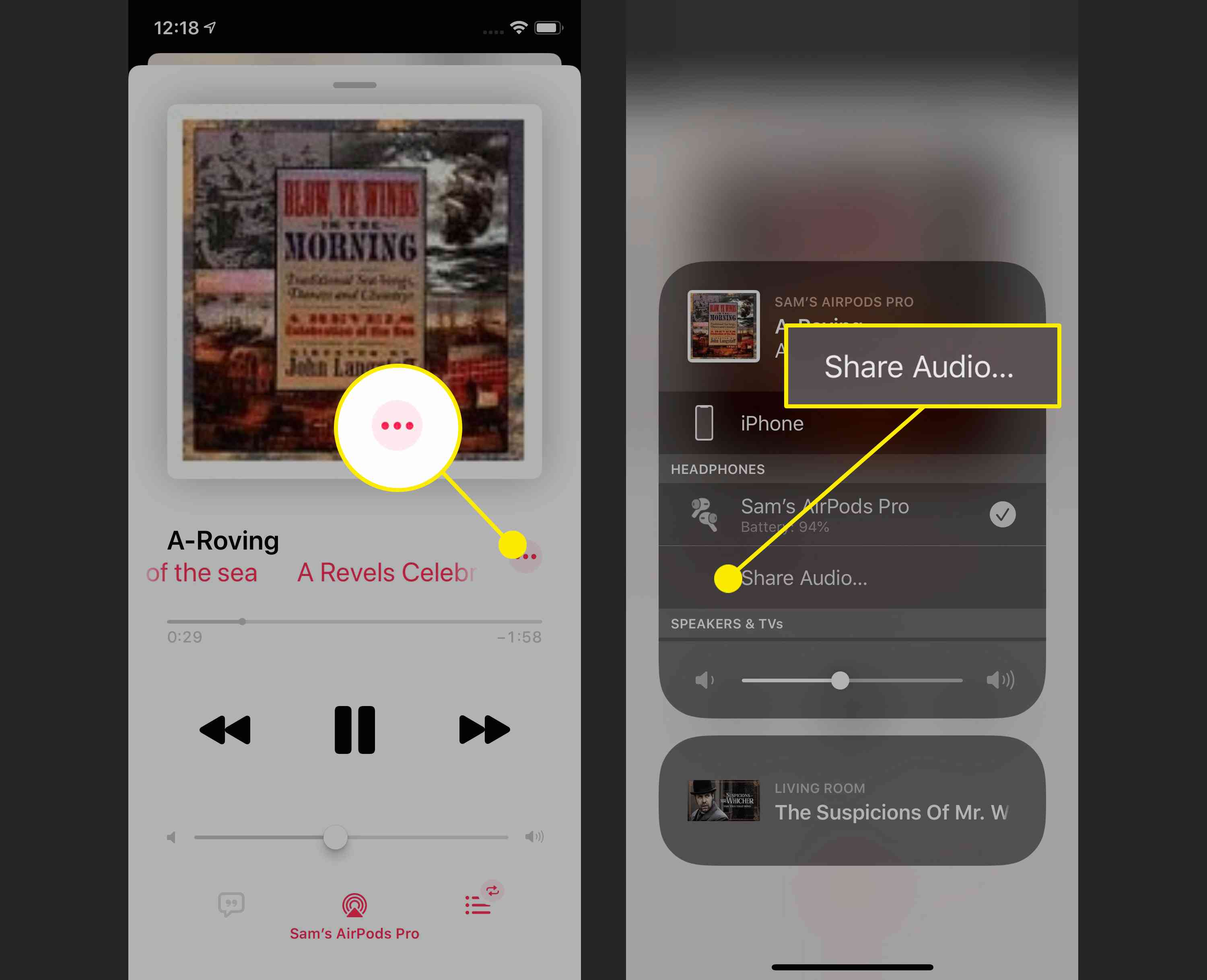 Screenshoty sdílení zvuku s AirPods, které jsou již připojeny k jinému iPhone