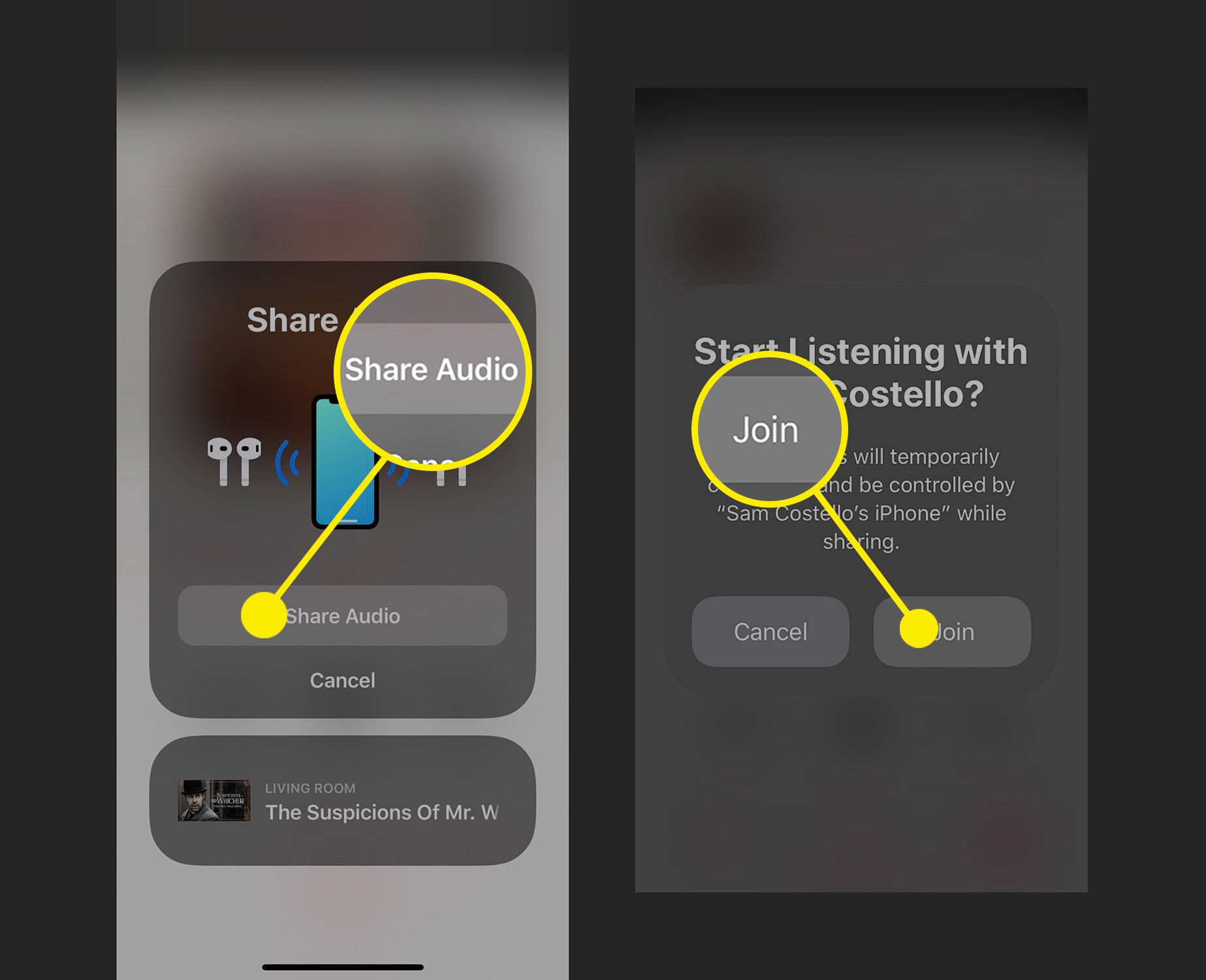 Screenshoty sdílení zvuku s AirPods, které jsou již připojeny k jinému iPhone
