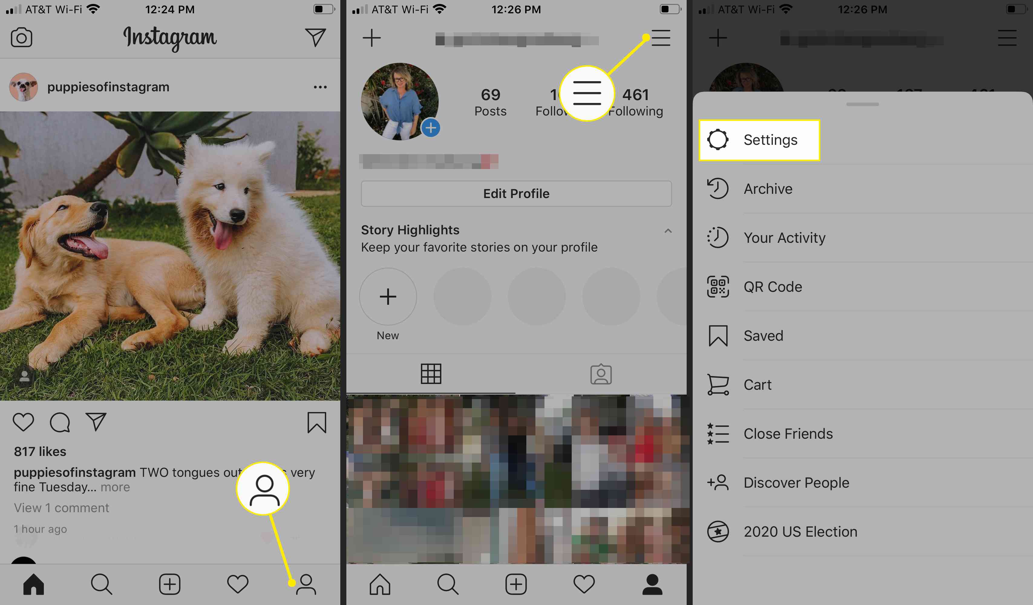 Nabídky profilu, účtu a nastavení Instagramu v aplikaci pro iOS