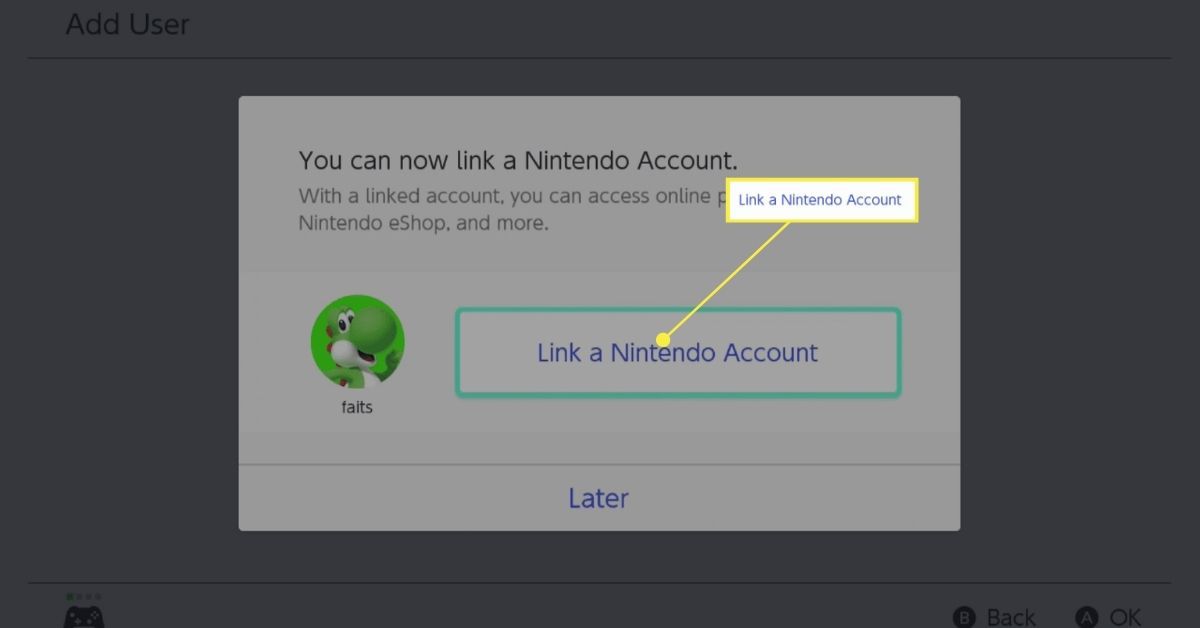 Propojte účet Nintendo v procesu vytváření uživatelů Nintendo Switch.