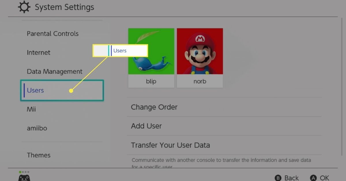 Výběr uživatelů v nastavení systému Nintendo Switch.