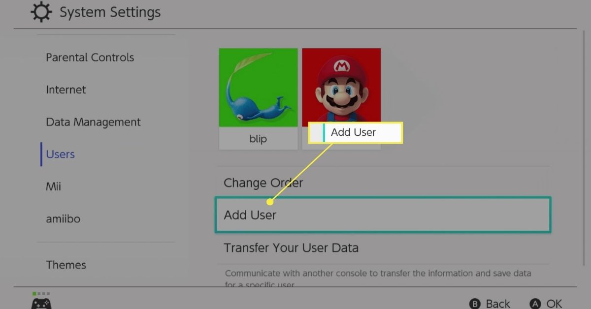 Přidat uživatele vybraného v nastavení systému Nintendo Switch.