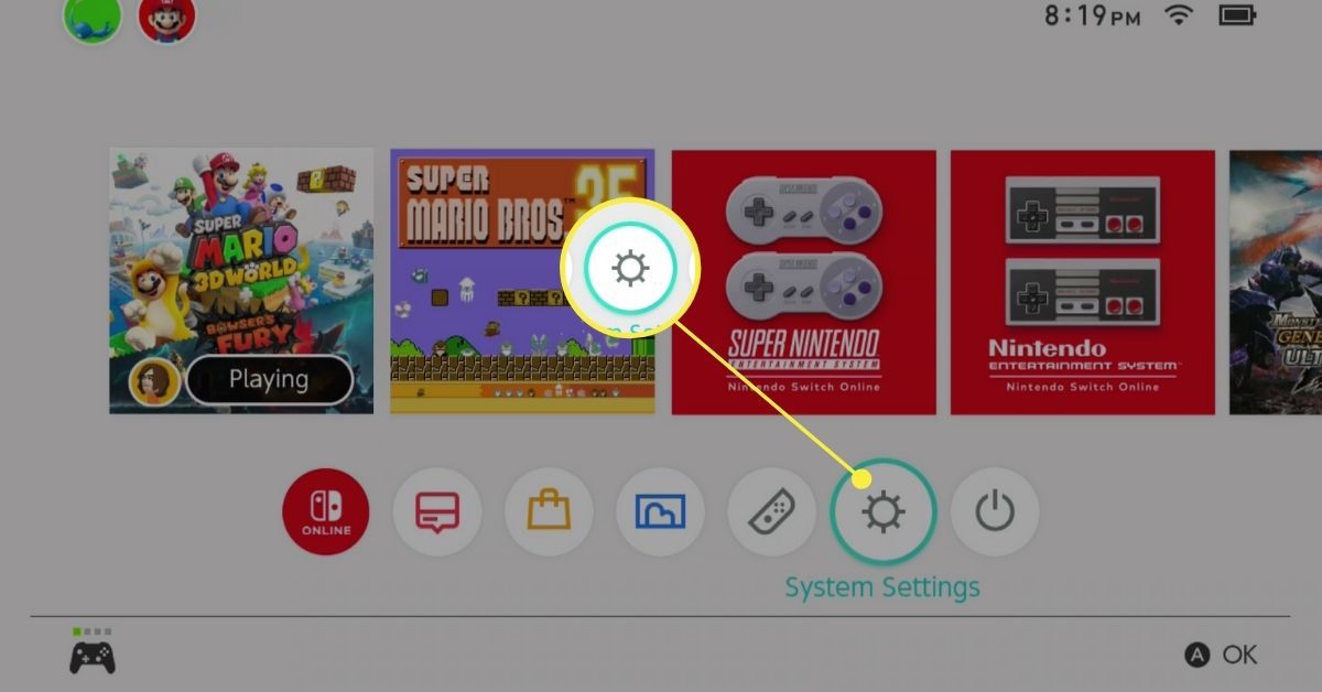 Výběr nastavení systému na Nintendo Switch.