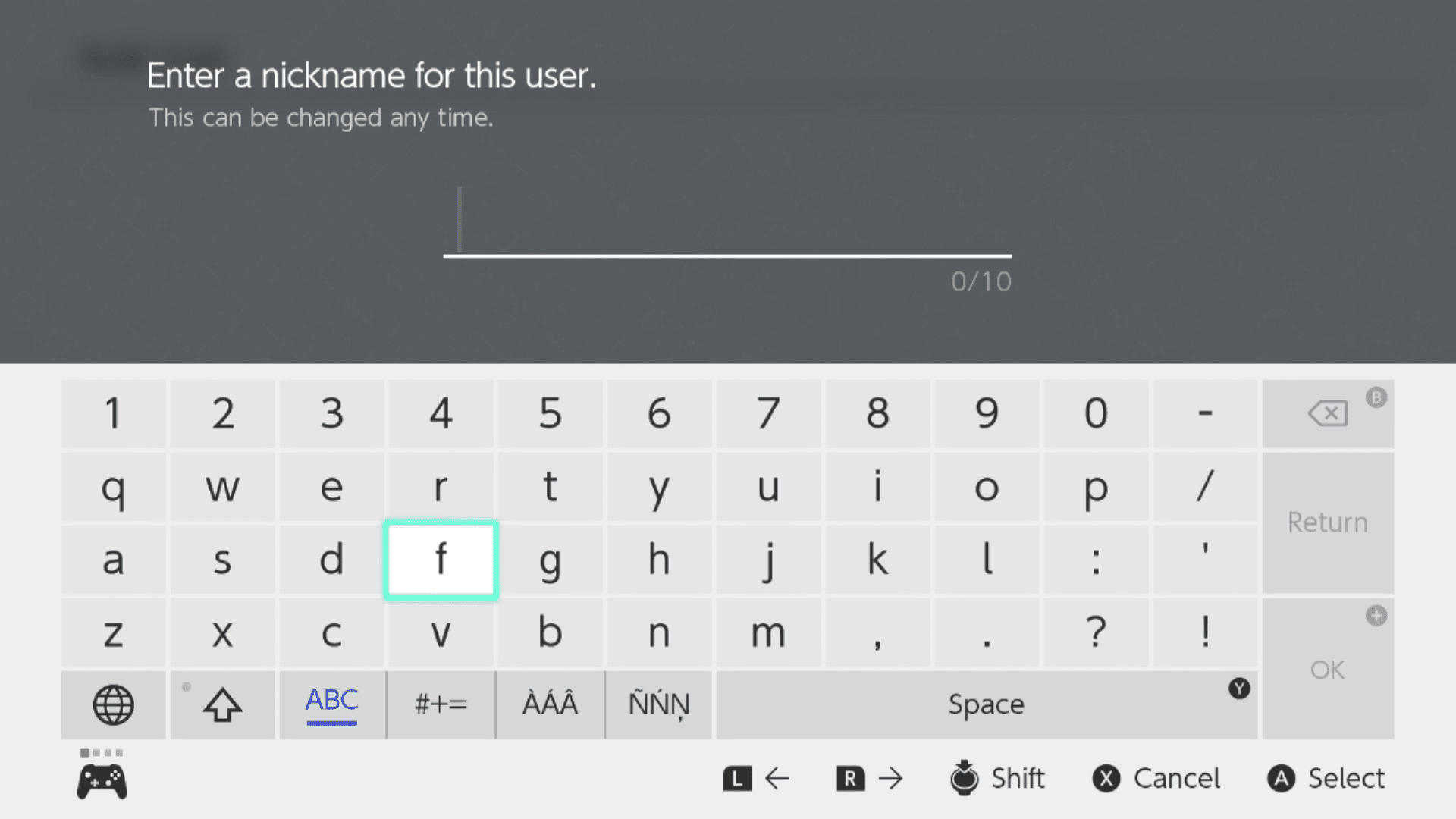 Zadání přezdívky uživatele na Nintendo Switch.