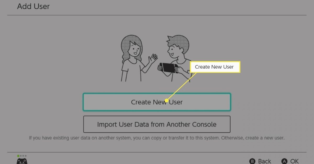 Vytvořit nového uživatele vybraného v nabídce Nintendo Switch Přidat uživatele.