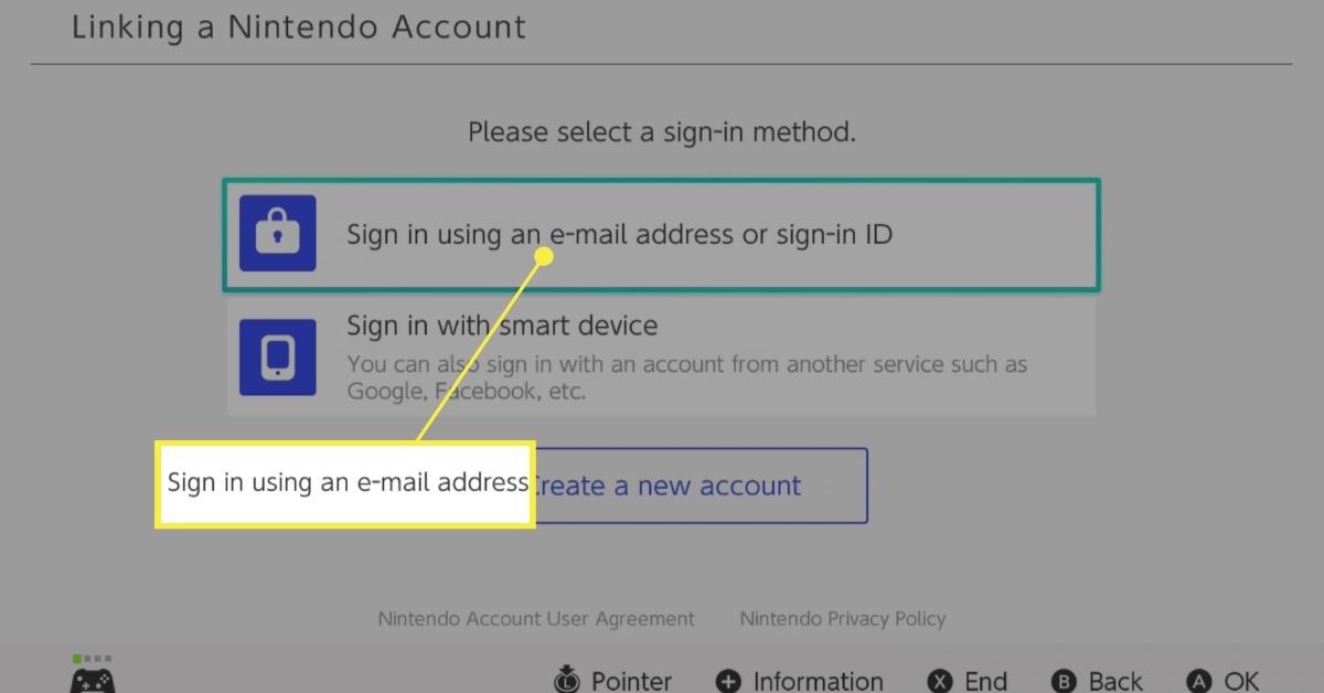 Přihlaste se pomocí e-mailové adresy nebo přihlašovacího ID v Propojení s účtem Nintendo.