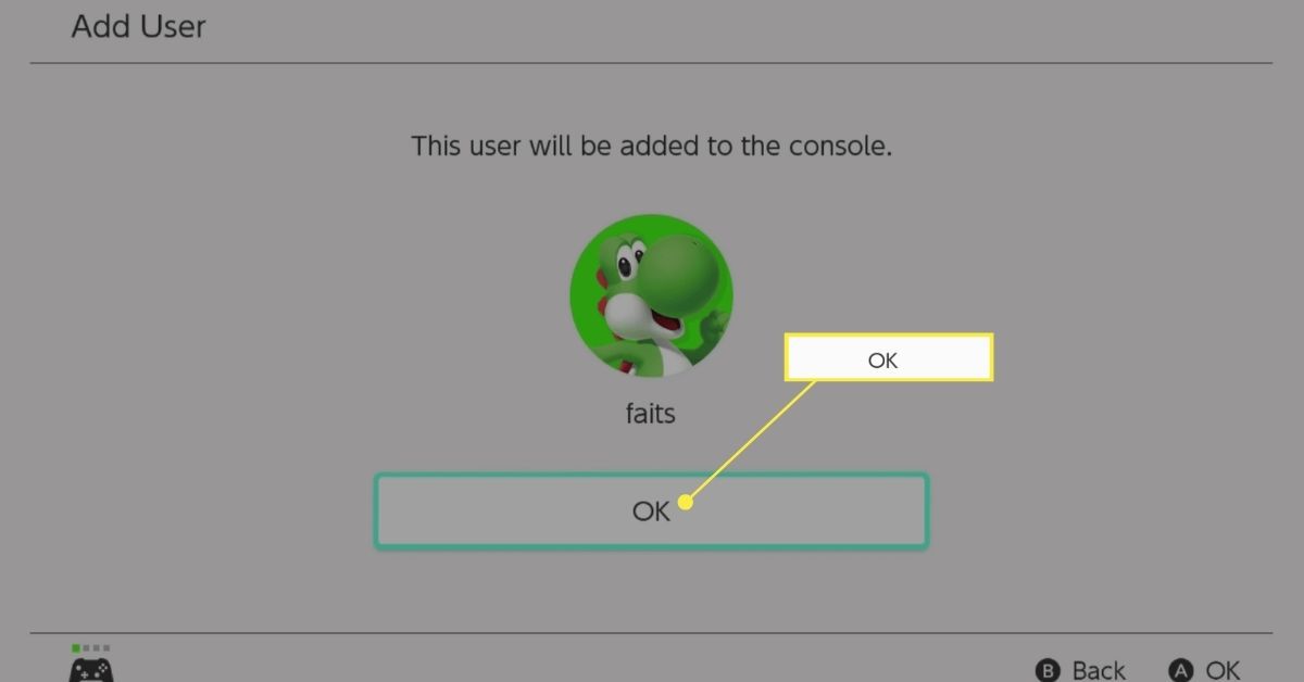 Tlačítko OK v procesu Nintendo Switch Přidat uživatele.
