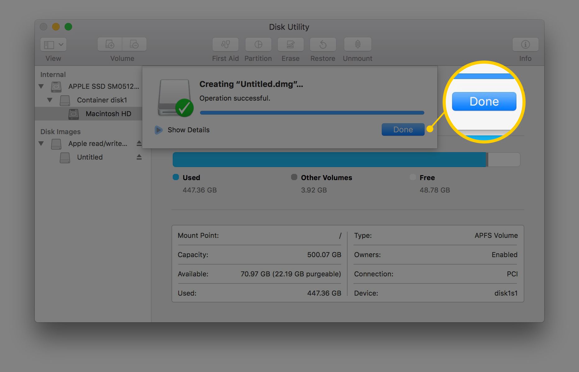 Screenshot tlačítka Disk Utility Hotovo po vytvoření souboru .dmg