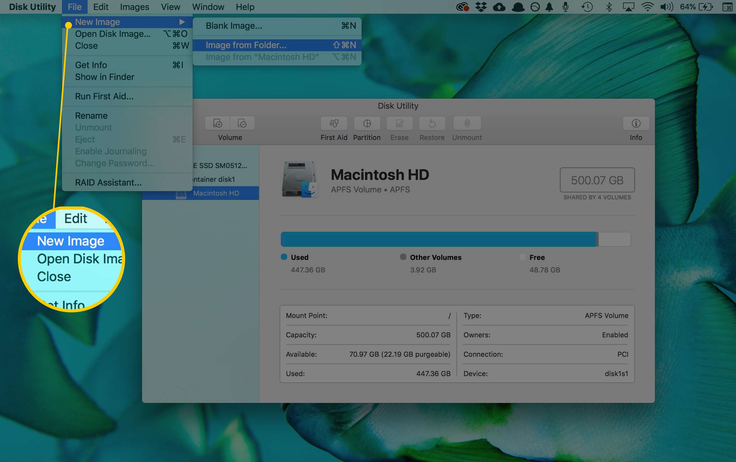 Screenshot položky nabídky Nový obrázek v aplikaci Disk Utility v systému macOS