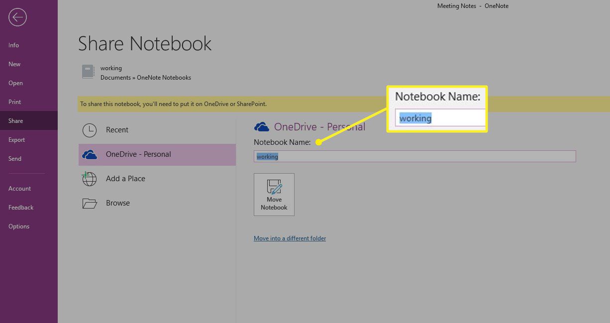 Zvýrazněna část OneNote Share Notebook with Notebook Name