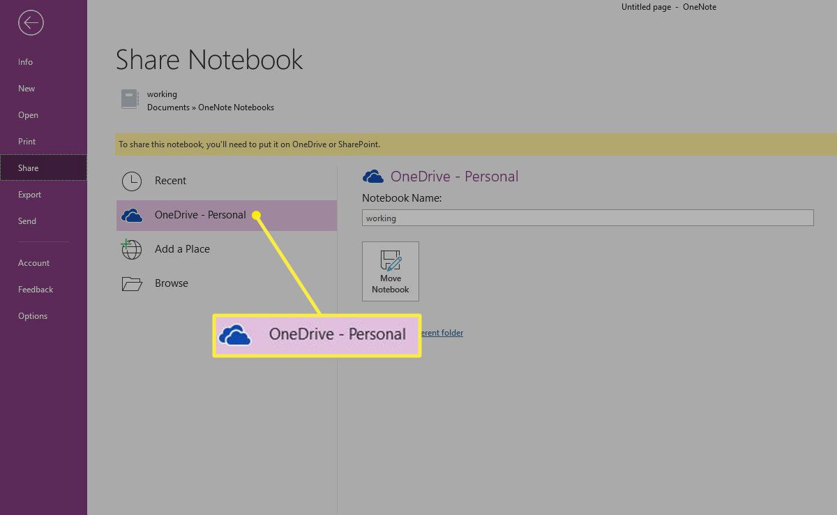 Obrazovka OneNote Share Notebook se zvýrazněným účtem OneDrive