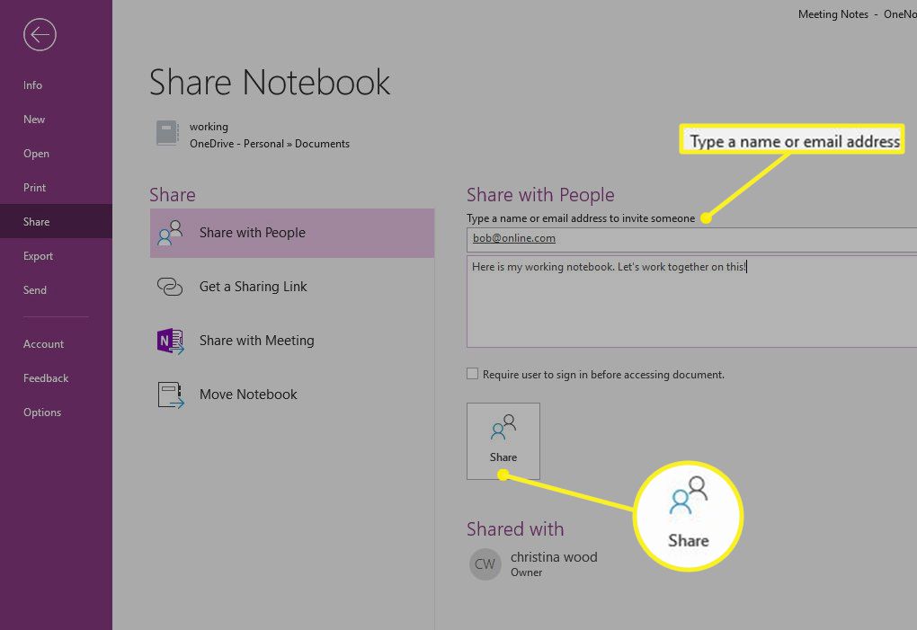 Pole e-mailové adresy a tlačítko Sdílet na obrazovce OneNote Share Notebook