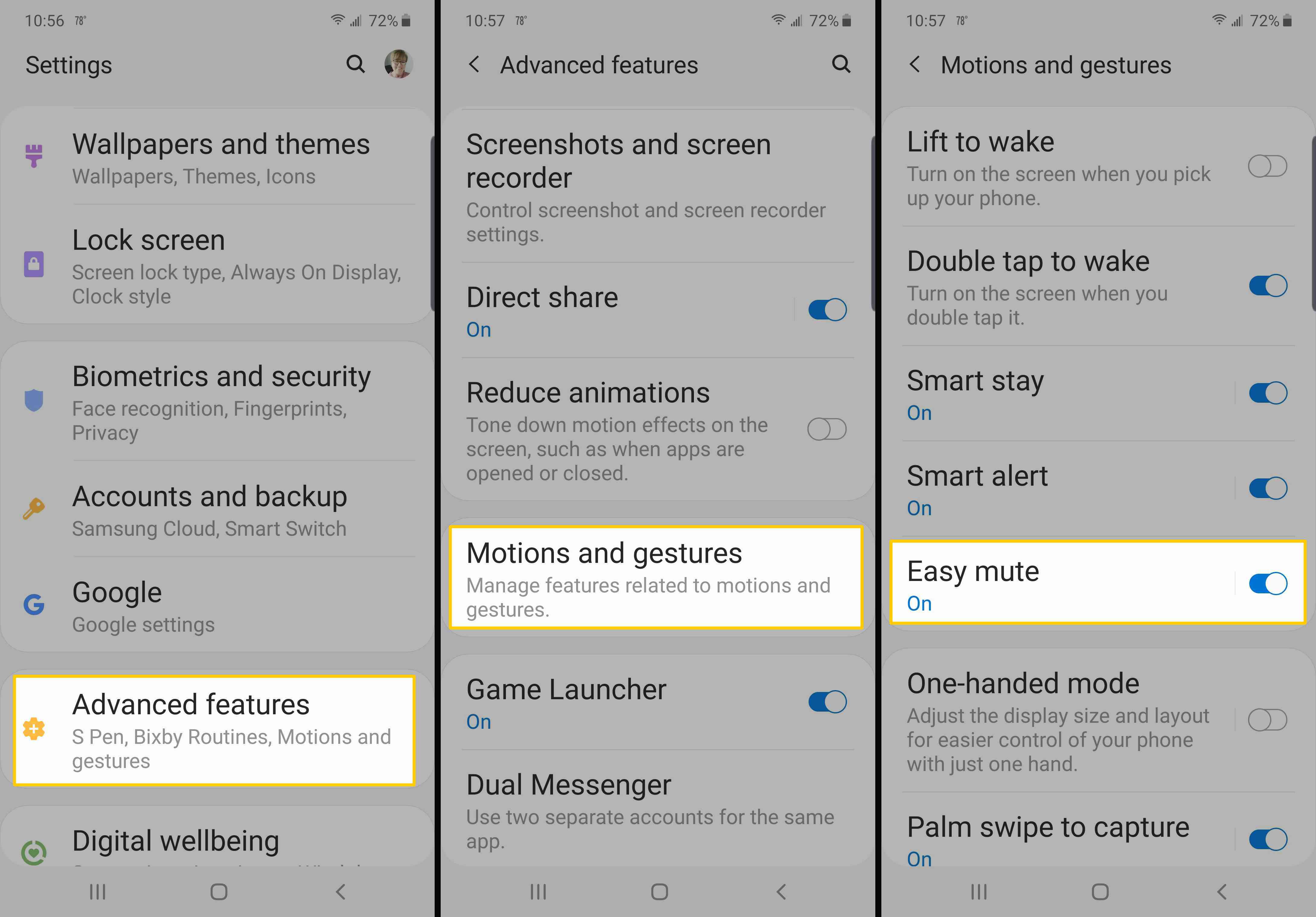 Screenshoty ukazující, jak zapnout funkci Easy Mute na telefonu Samsung.