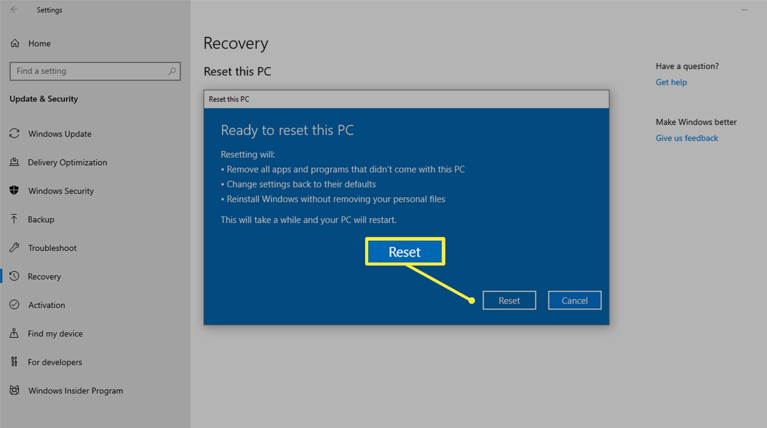 Tlačítko Reset při obnovení továrního nastavení počítače se systémem Windows 10