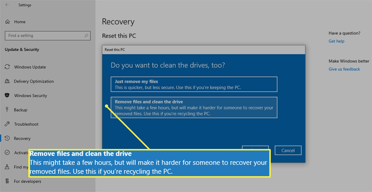 Odeberte soubory a vyčistěte jednotku v dialogovém okně Obnovit tento počítač ve Windows 10