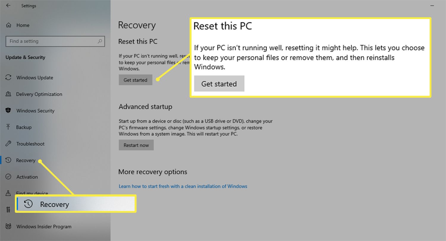 Tlačítko Začínáme v části Resetovat tento počítač v nabídce Nastavení systému Windows 10