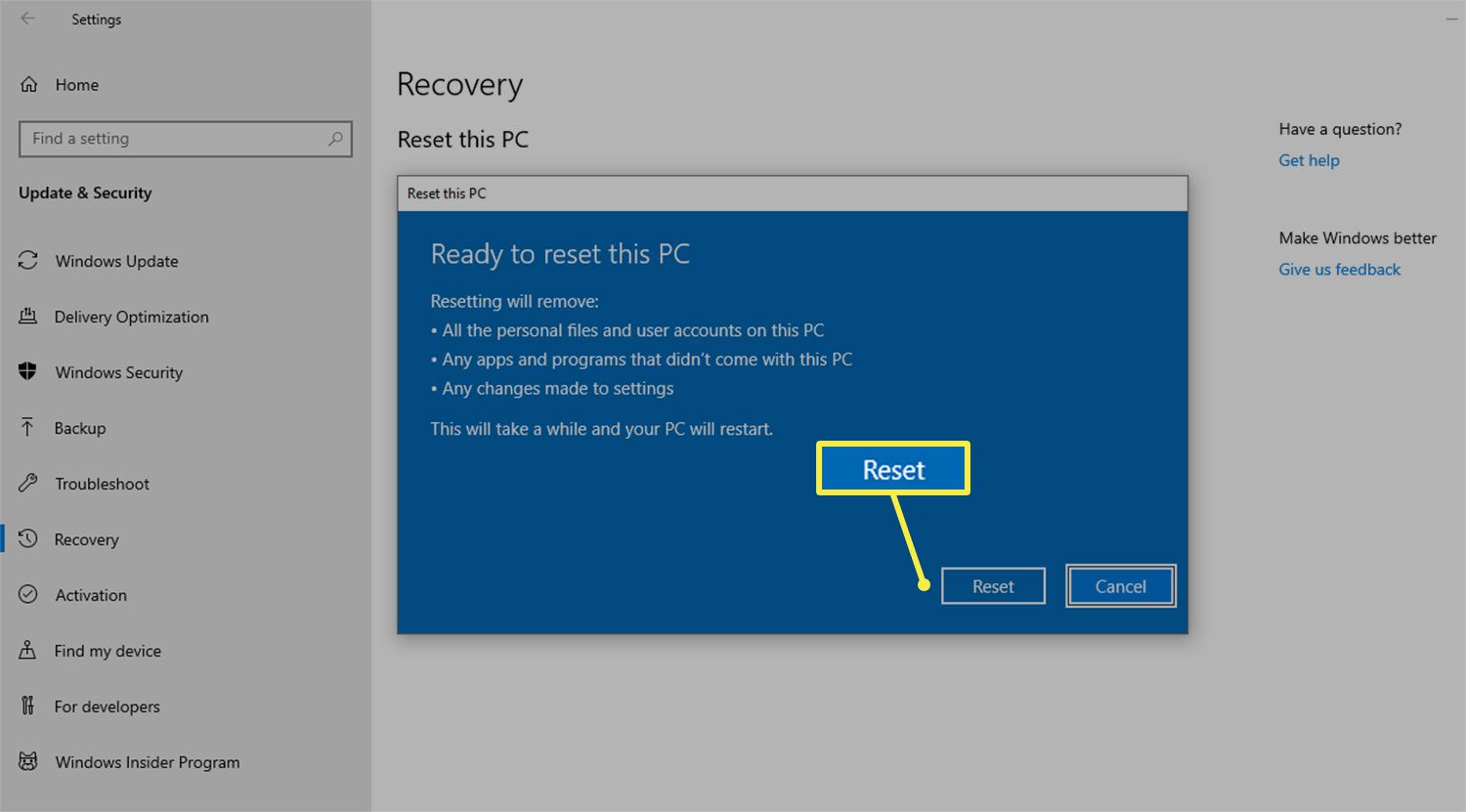 Tlačítko Reset pro obnovení továrního nastavení počítače se systémem Windows 10