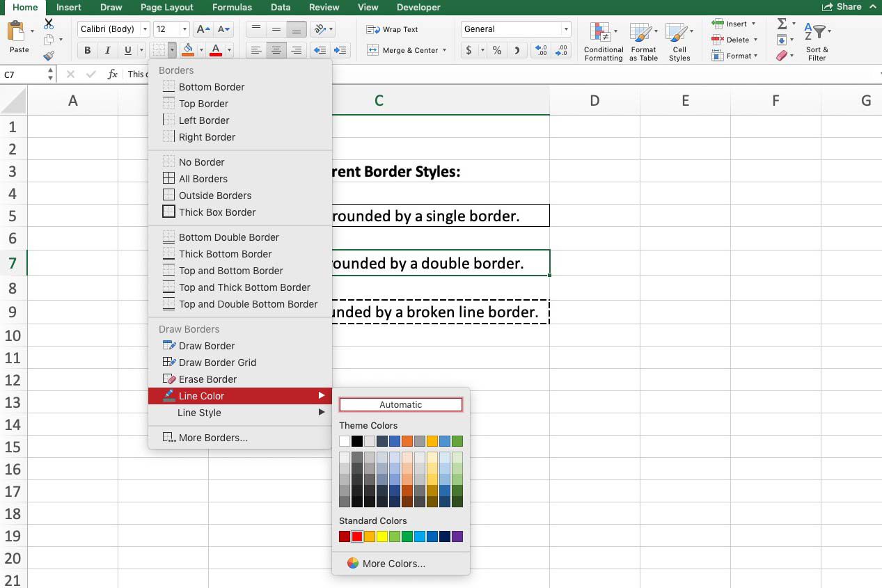 Excel ukazuje, jak formátovat ohraničení