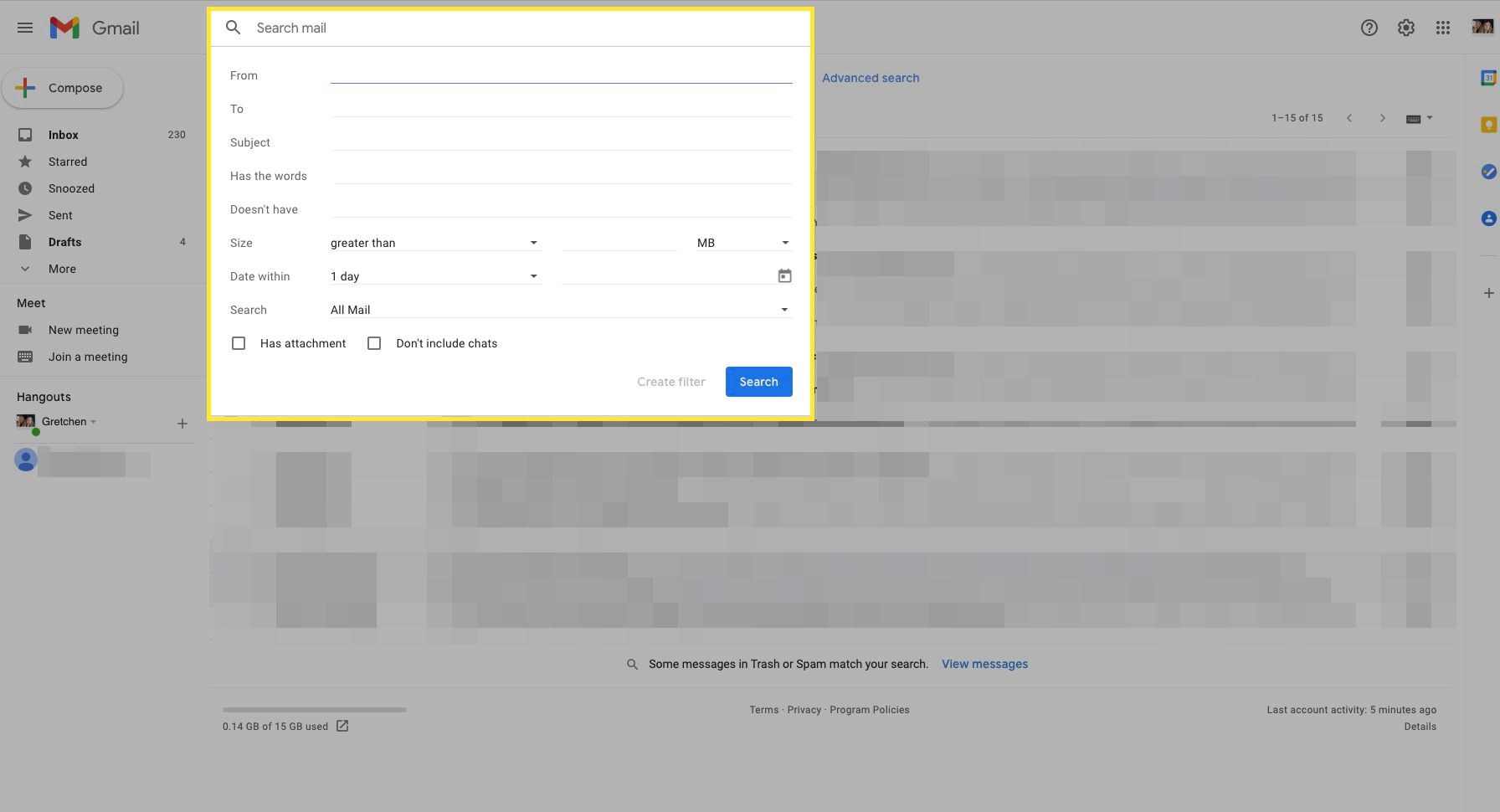 Gmail se zvýrazněným vyhledávacím polem