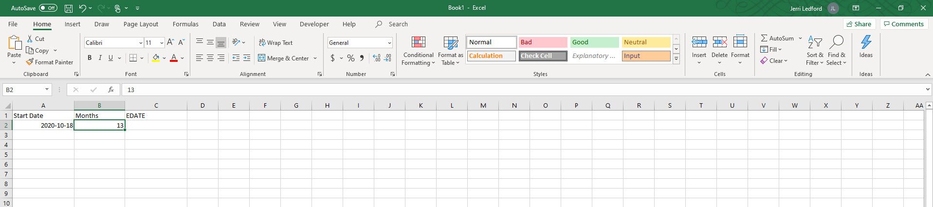 Počet měsíců, které se mají přidat k počátečnímu datu zobrazenému v B2 listu aplikace Excel.