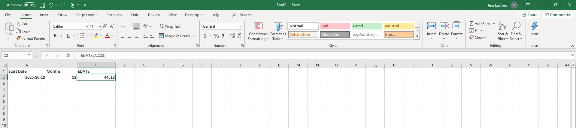 Výsledky funkce EDATE v listu v aplikaci Microsoft Excel.