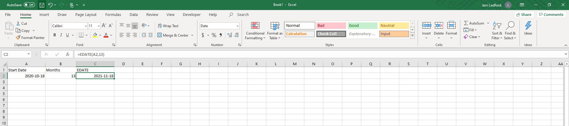 Výsledek funkce EDATE v aplikaci Microsoft Excel.