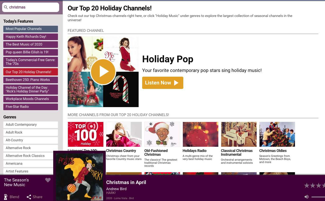 AccuRadio má řadu bezplatných vánočních streamovacích hudebních stanic a seznamů skladeb