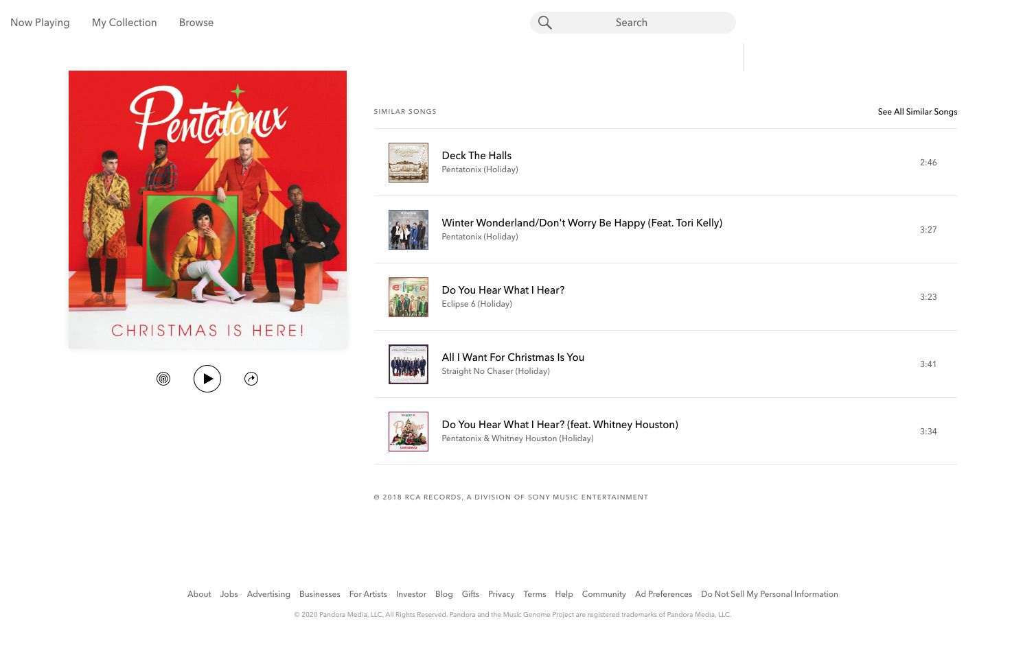 Pandora má širokou škálu bezplatných vánočních streamovacích hudebních stanic a seznamů skladeb