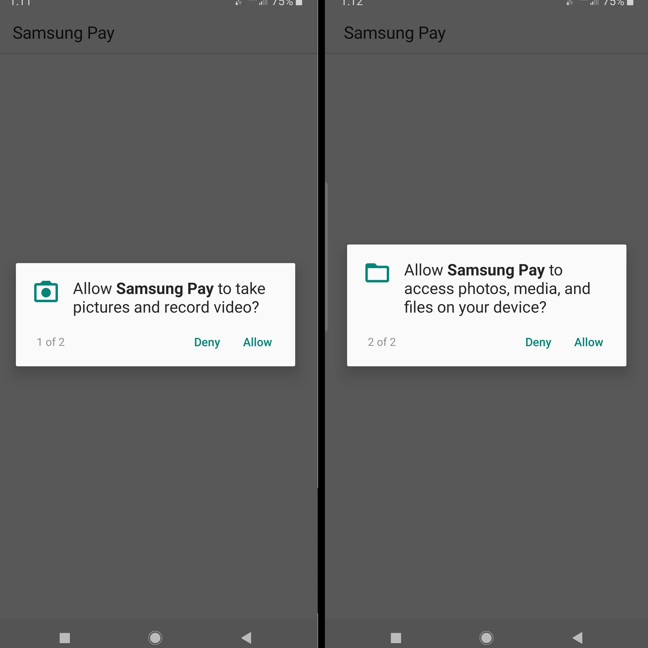 žádost o povolení fotografií a souborů od společnosti Samsung pay