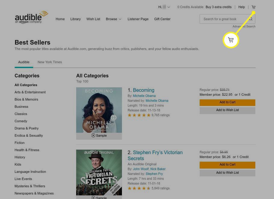 Ikona košíku zvýrazněná v horní části stránky Audible