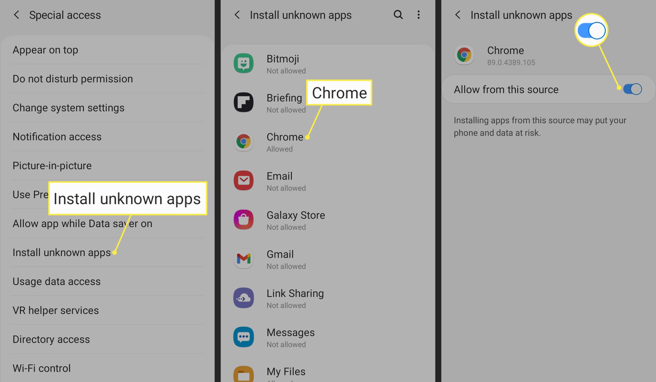 Instalovat neznámé aplikace, Chrome a Povolit z tohoto zdroje přepínají v nastavení systému Android