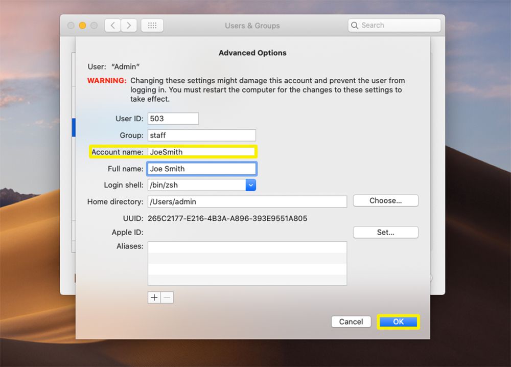 Pole Název účtu a tlačítko OK zvýrazněné v části Rozšířené možnosti uživatelů a skupin v systému macOS