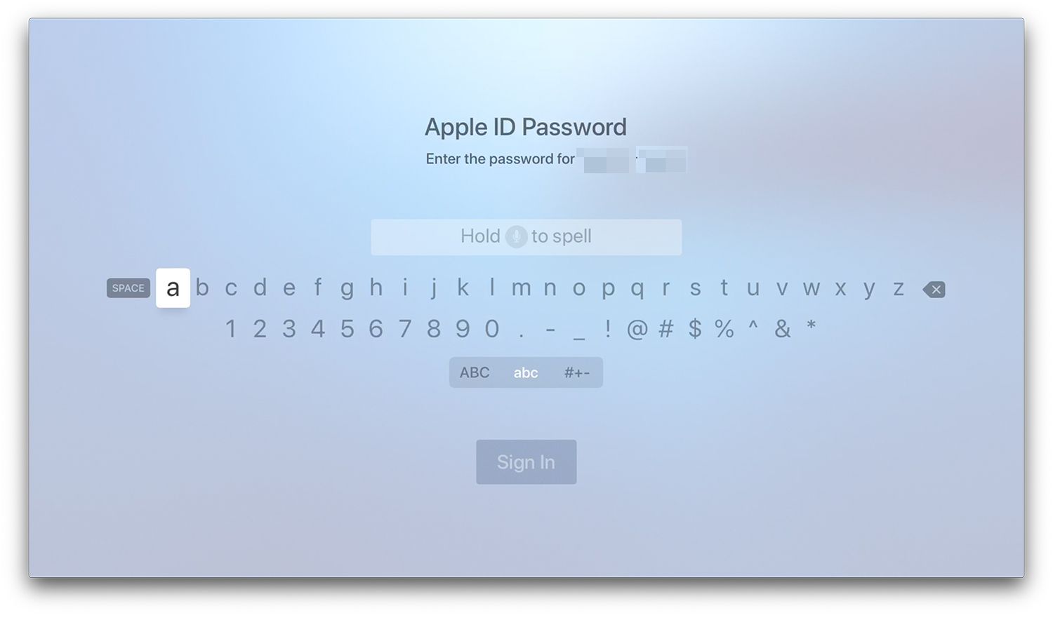 Obrazovka hesla pro nového uživatele na Apple TV