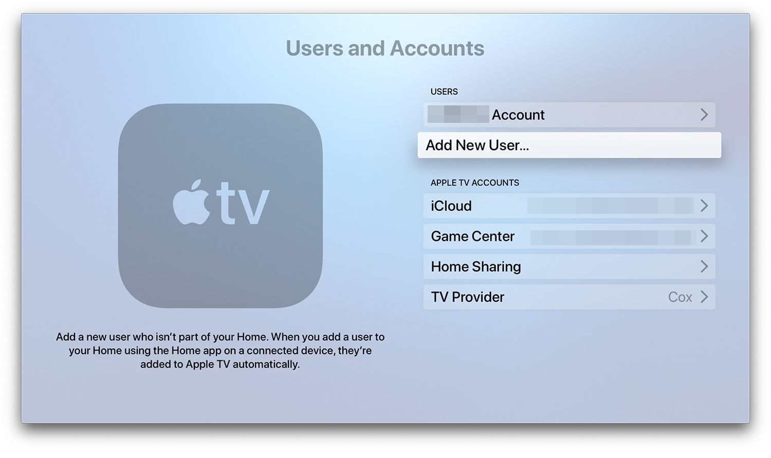 Nastavení uživatelů a účtů Apple TV