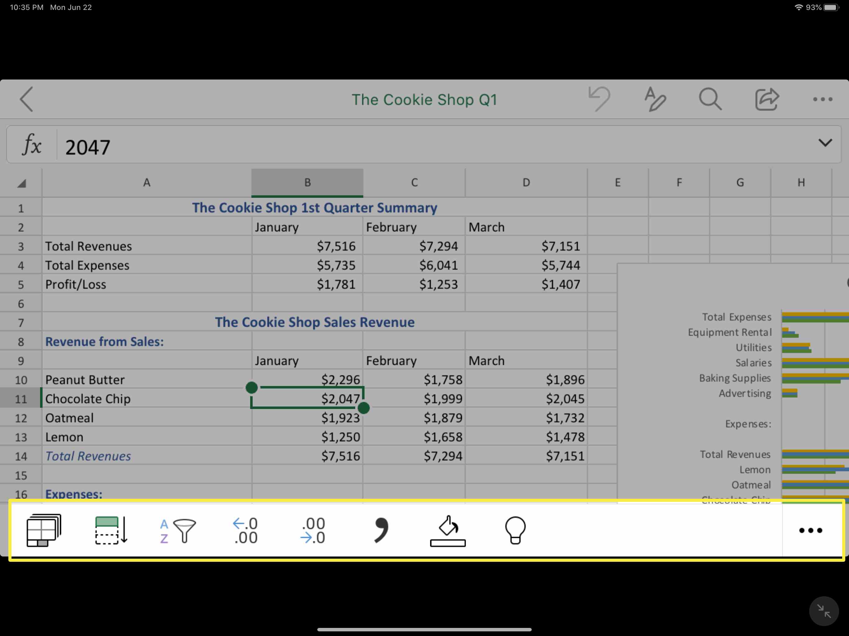 Některé z nástrojů Excel v části tabulky aplikace Microsoft Office pro iOS.