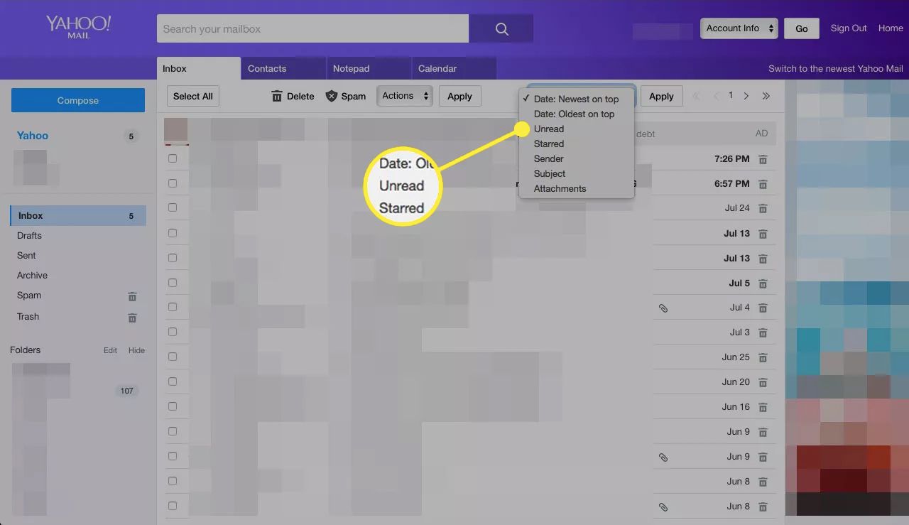 Možnost Nepřečtené v nabídce řazení v e-mailu Yahoo