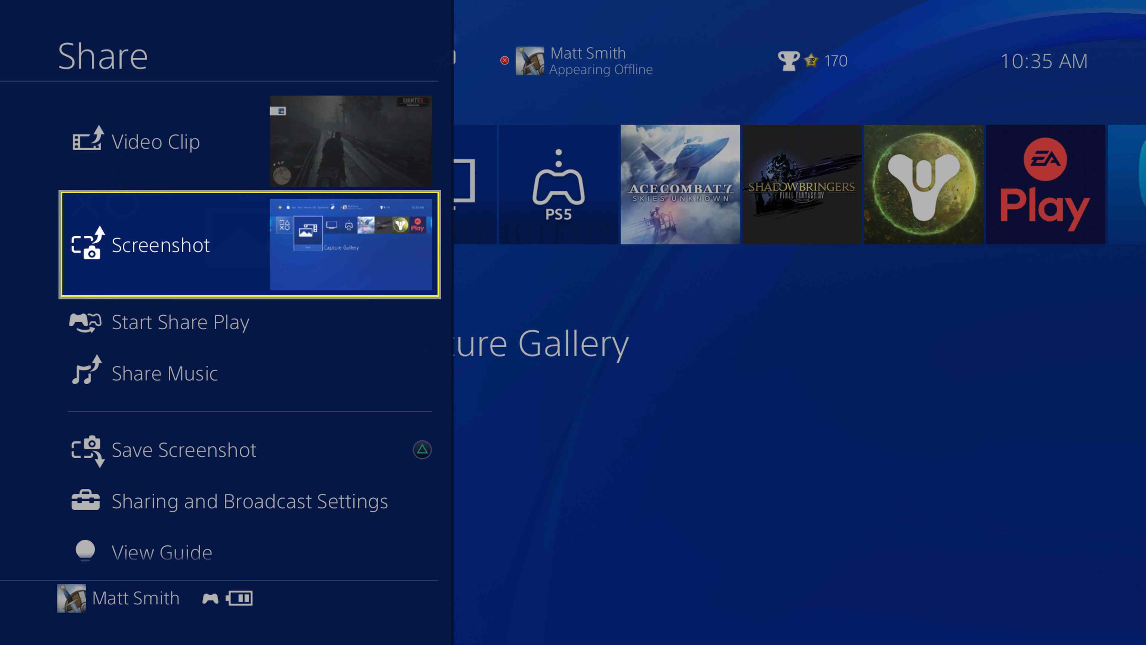 Otevře se nabídka sdílení PlayStation 4 s vybraným Screenshotem.