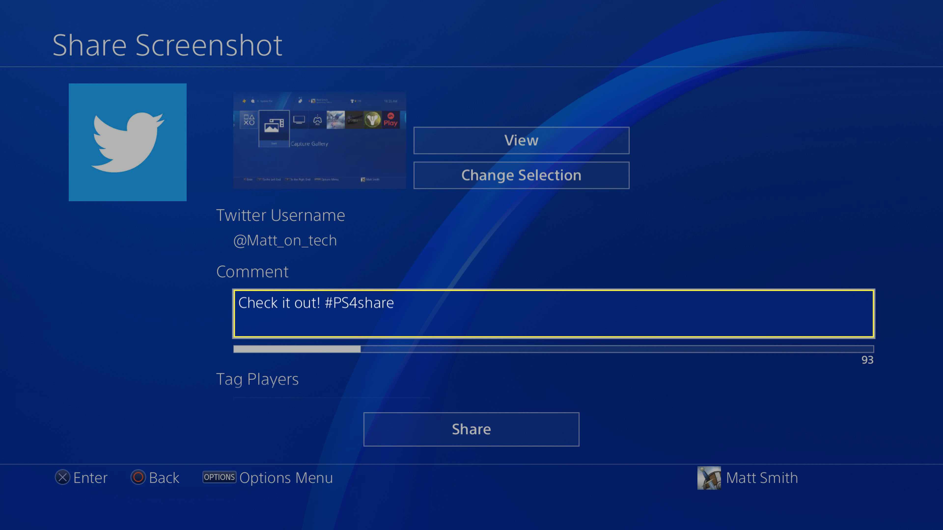 Otevřete Screenshot sdílení PlayStation 4 a sdílejte Tweet na Twitteru.