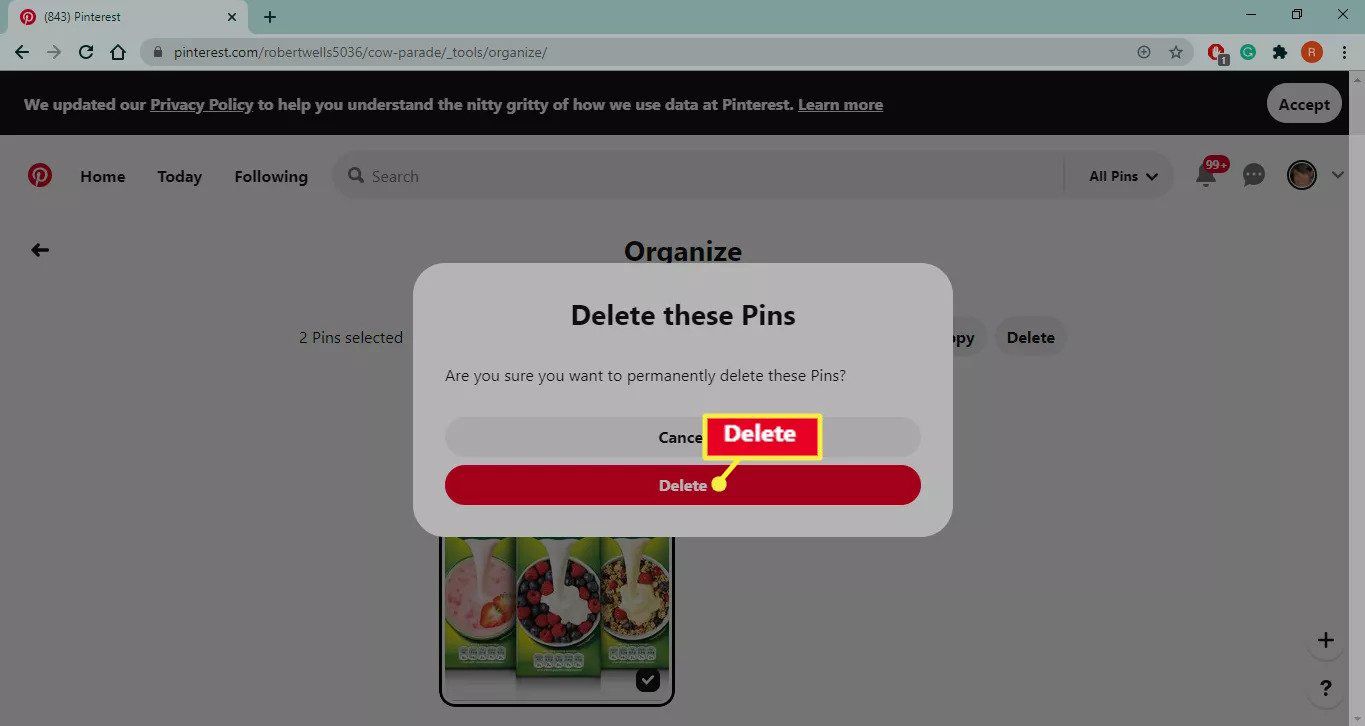Tlačítko Odstranit špendlík na Pinterestu