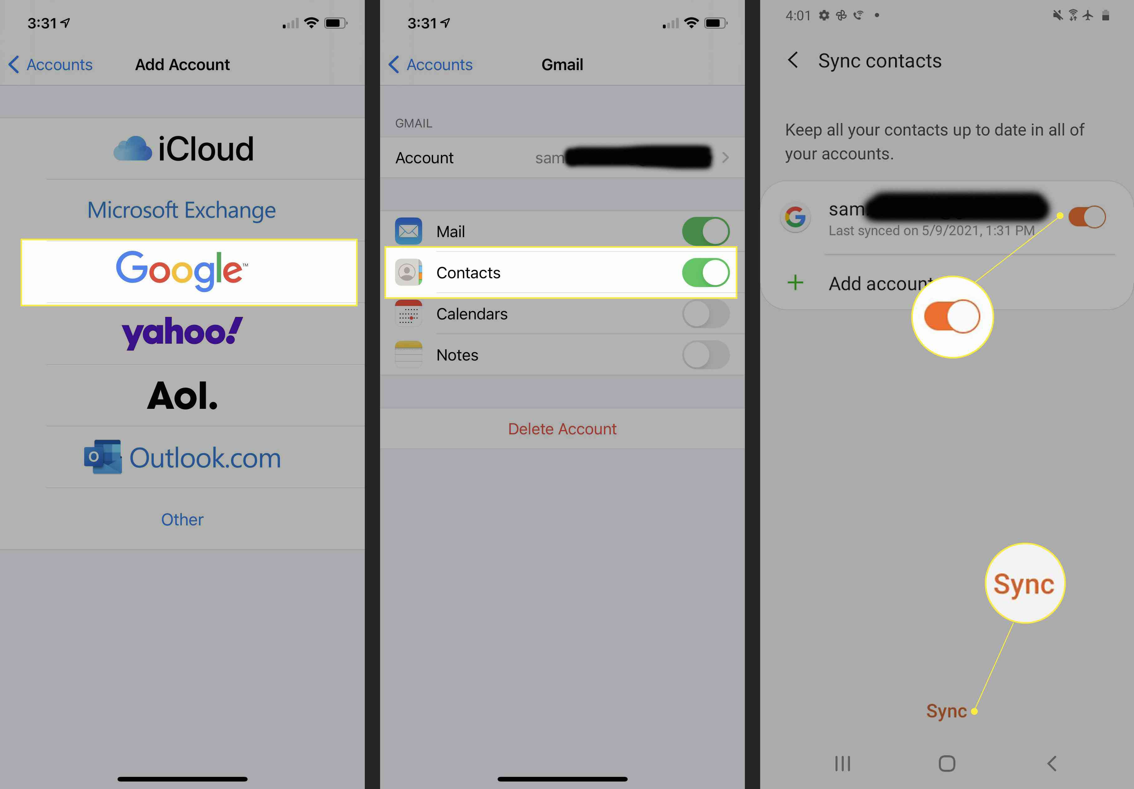 Synchronizujte kontakty v iPhone zapnutím kontaktů ve svém účtu Google.