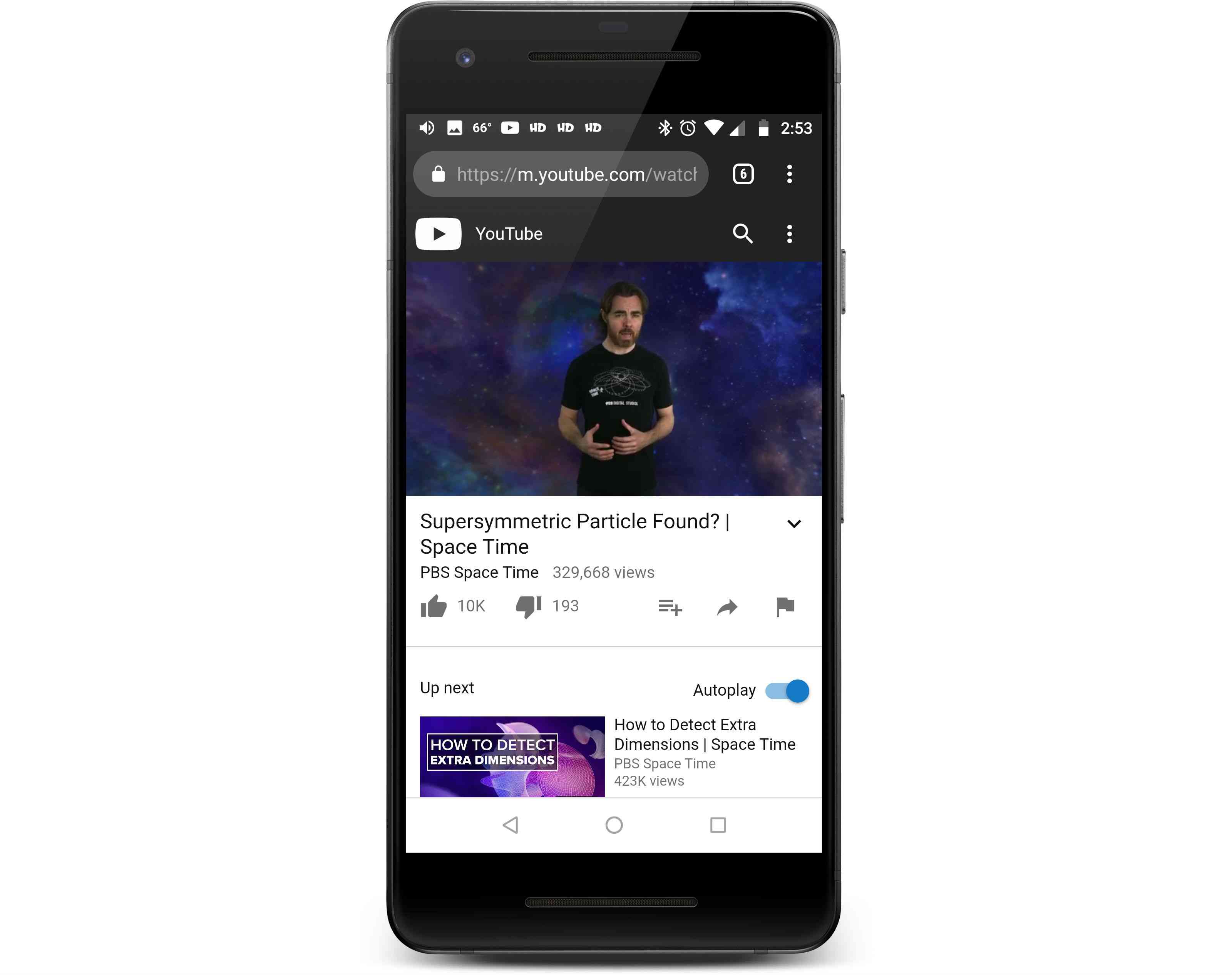 Video z YouTube přehrávané na zařízení Android v mobilním webovém prohlížeči.