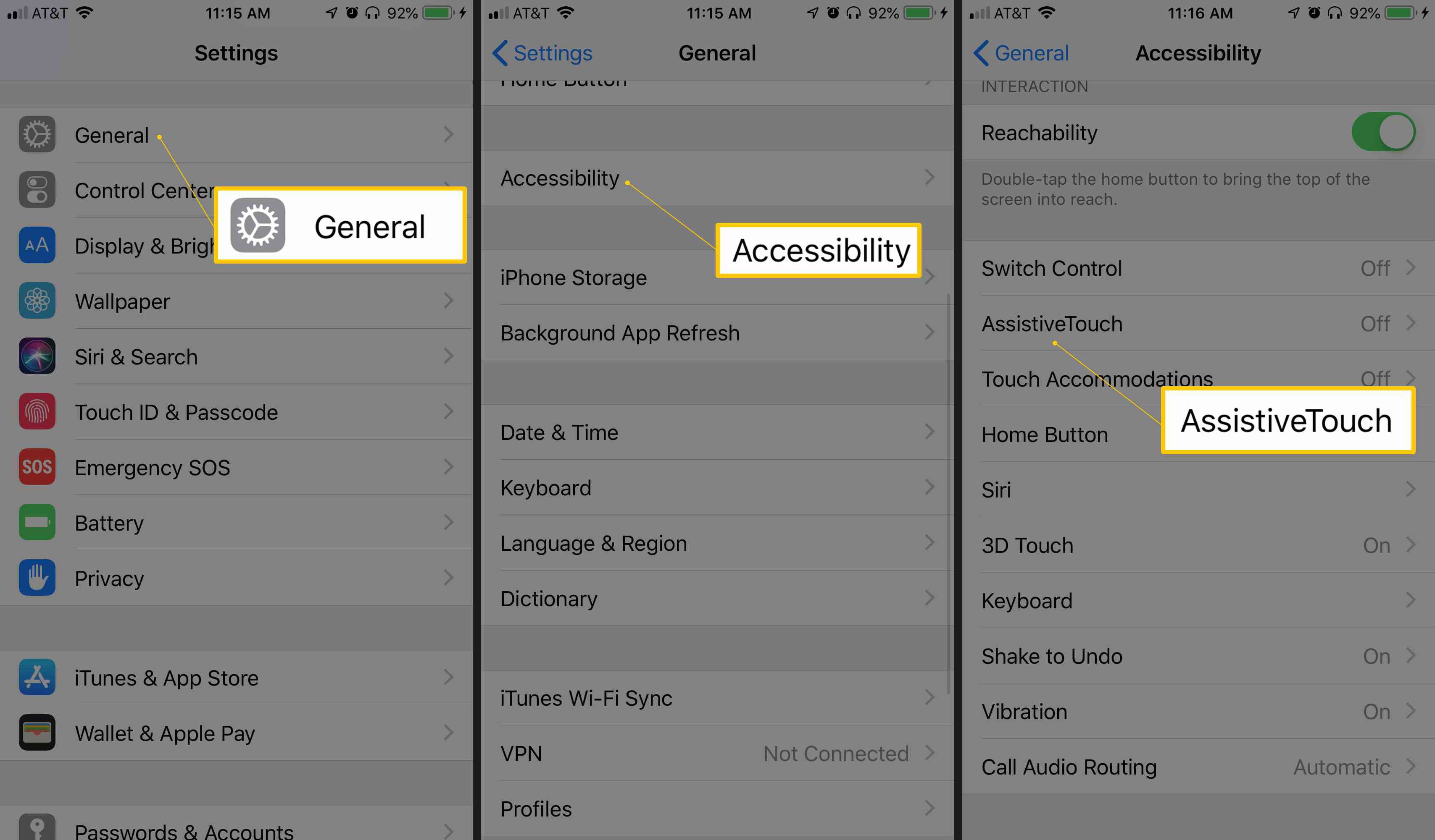 General, Accessibility, and AssistiveTouch buttons in iOS settings app