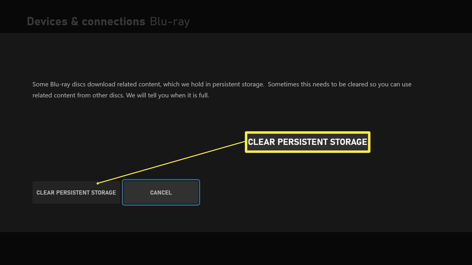 Nastavení Xbox Series X se zvýrazněným Clear Persistent Storage