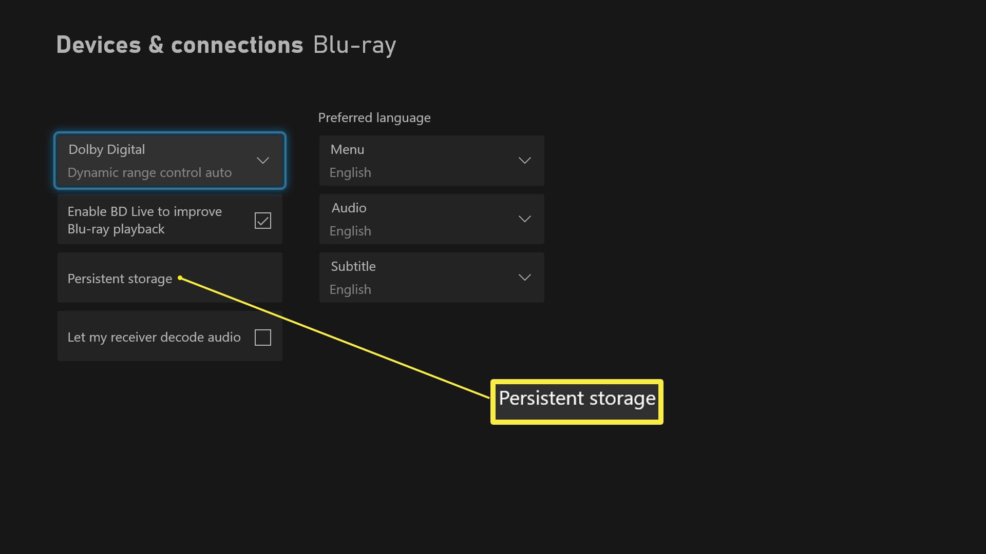 Nastavení Xbox Series X s možnostmi Zařízení a připojení a Blu-Ray se otevírá se zvýrazněným Persistent Storage
