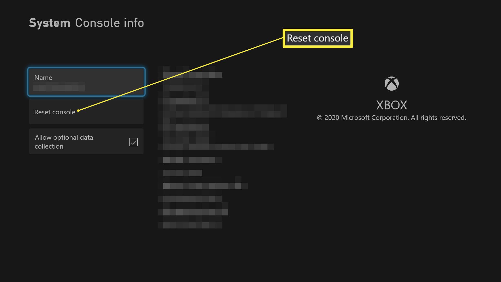 Zvýrazněno nastavení konzoly Xbox Series X s konzolou Reset