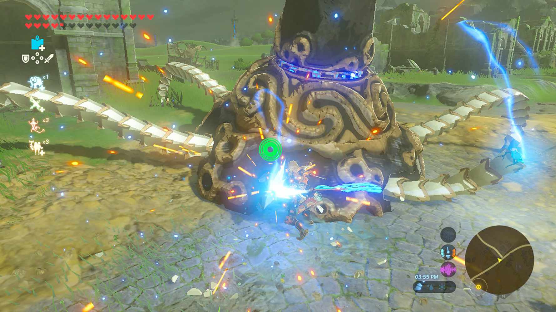 Screenshot z odříznutí nohy Guardian v Breath of the Wild