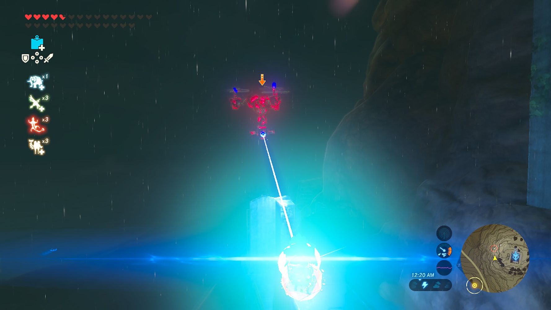 Screenshot ze Zeldy: Breath of the Wild pomocí štítu odrážejícího laser